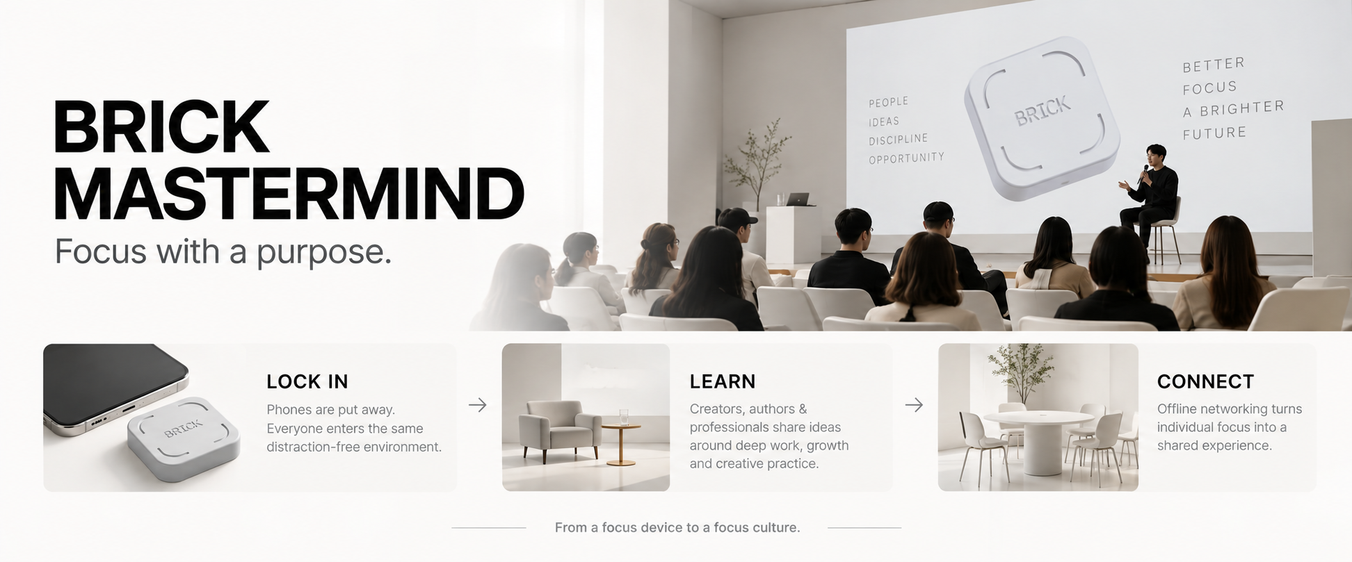 BRICK Mastermind concept visual for a distraction-free seminar and networking experience.