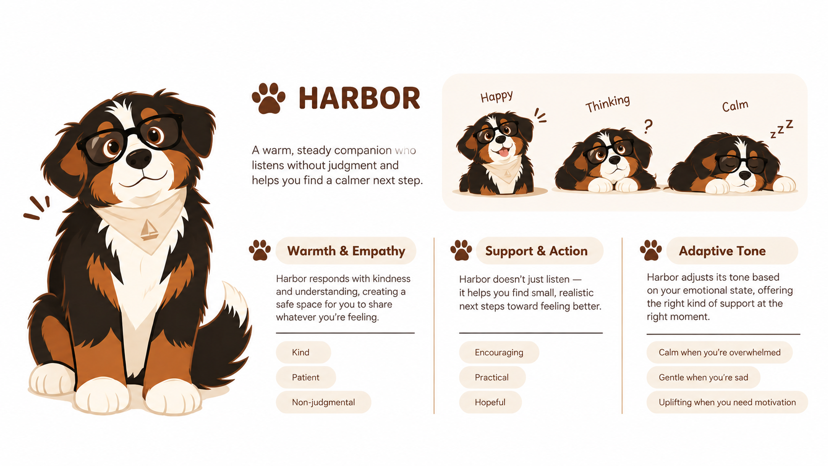 Harbor persona exploration with a Bernese Mountain Dog companion.