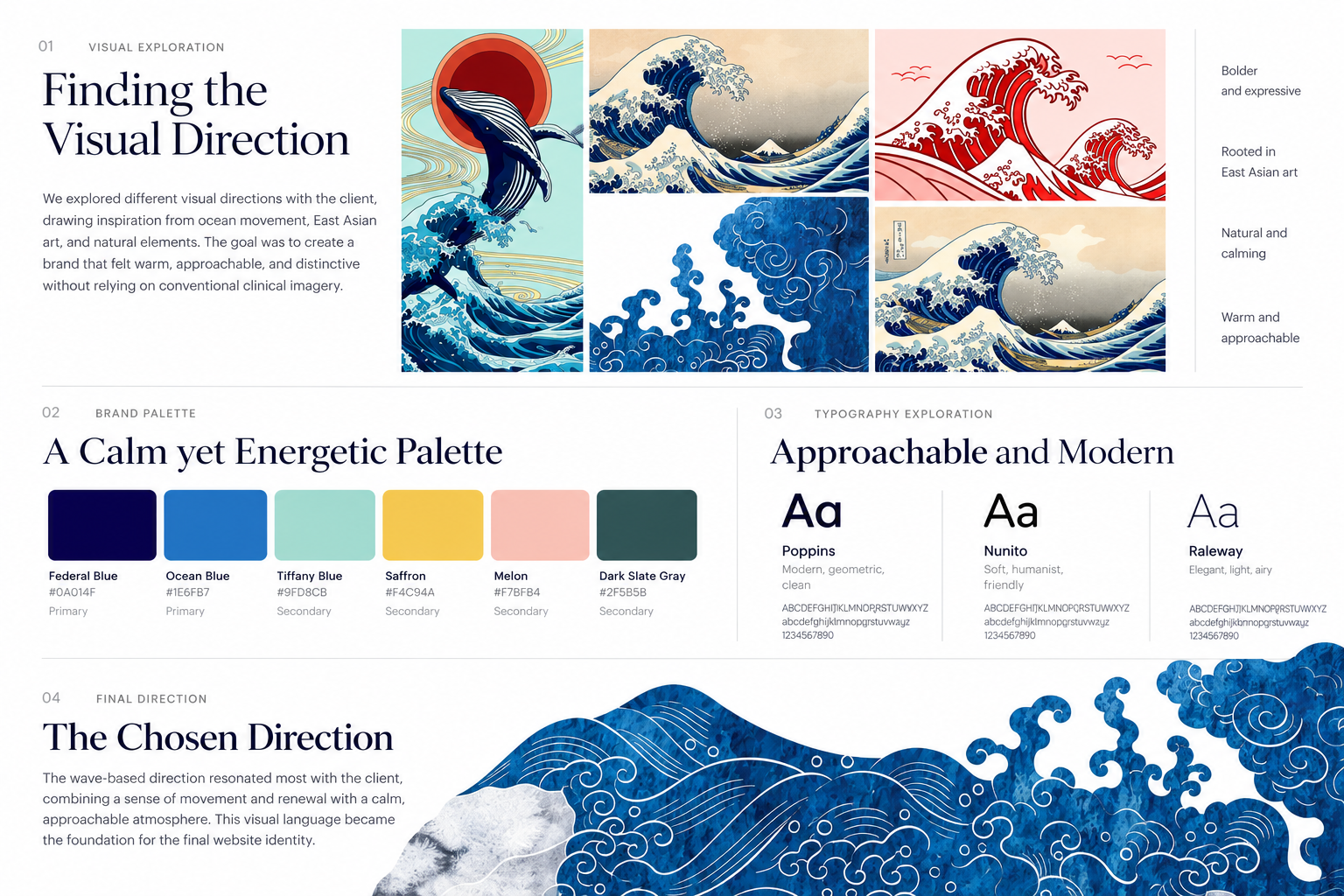 Sea Change brand direction board with wave-inspired typography, color, and visual references.