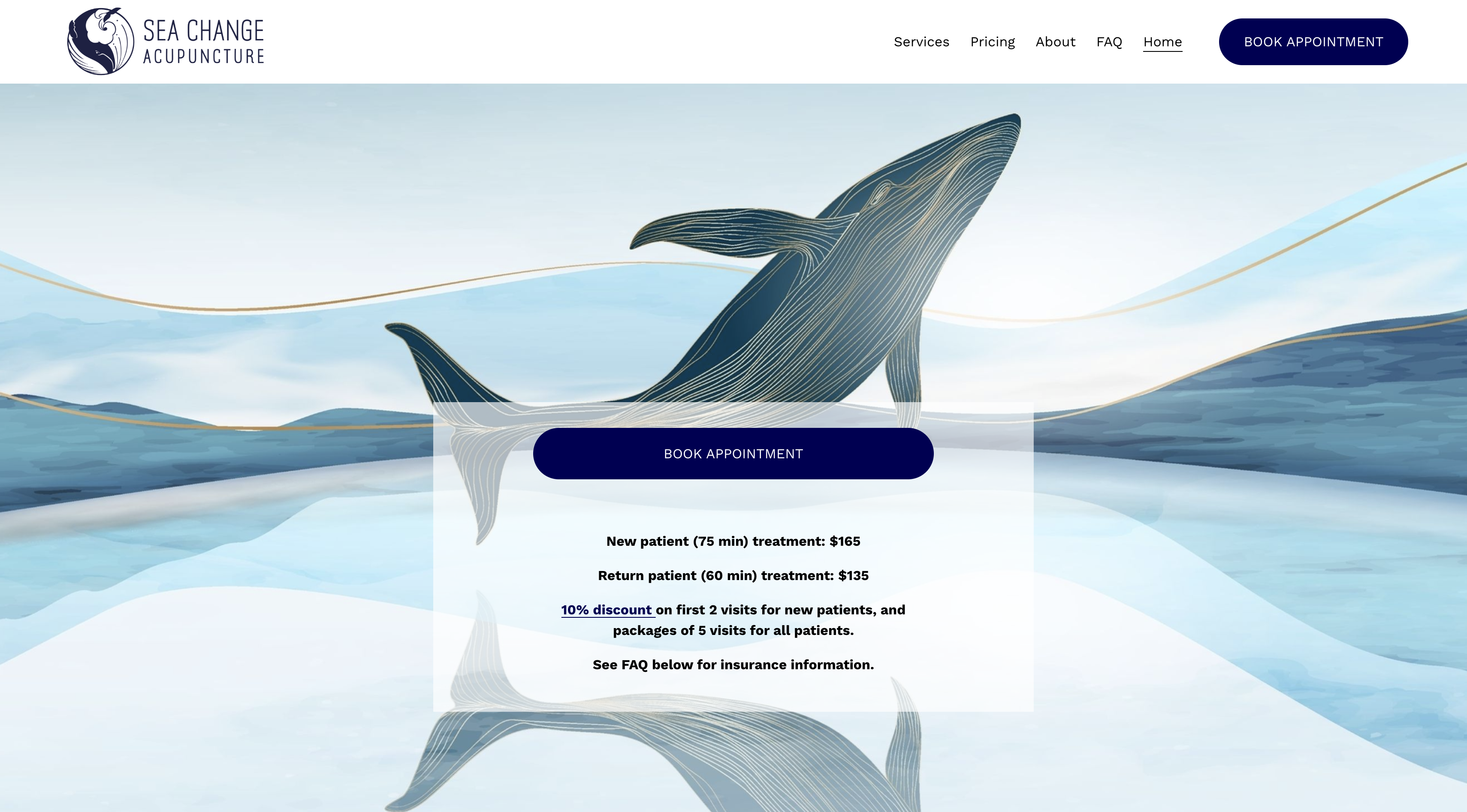 Sea Change website booking section with appointment call to action.