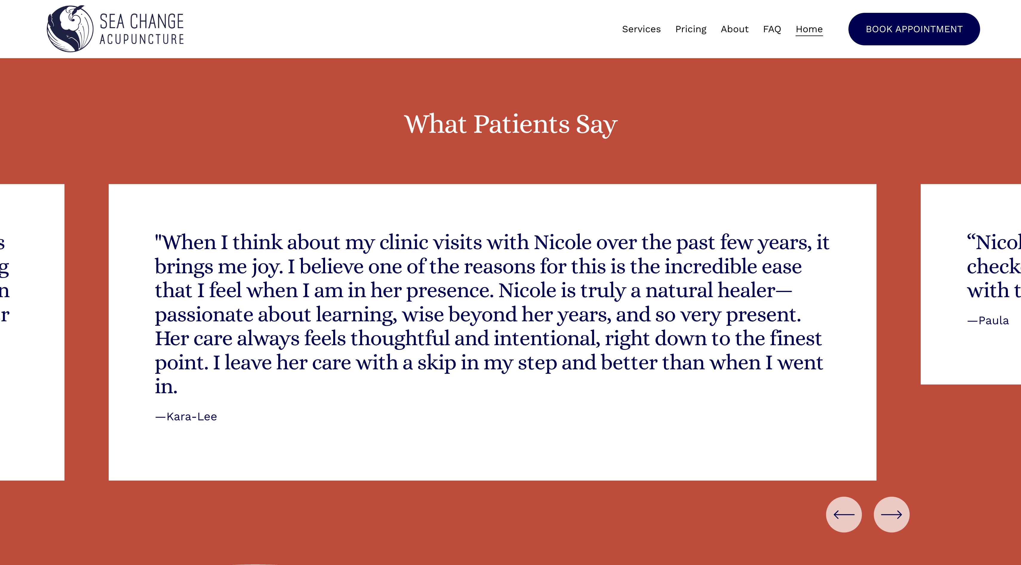 Sea Change website section showing testimonials and practical information.