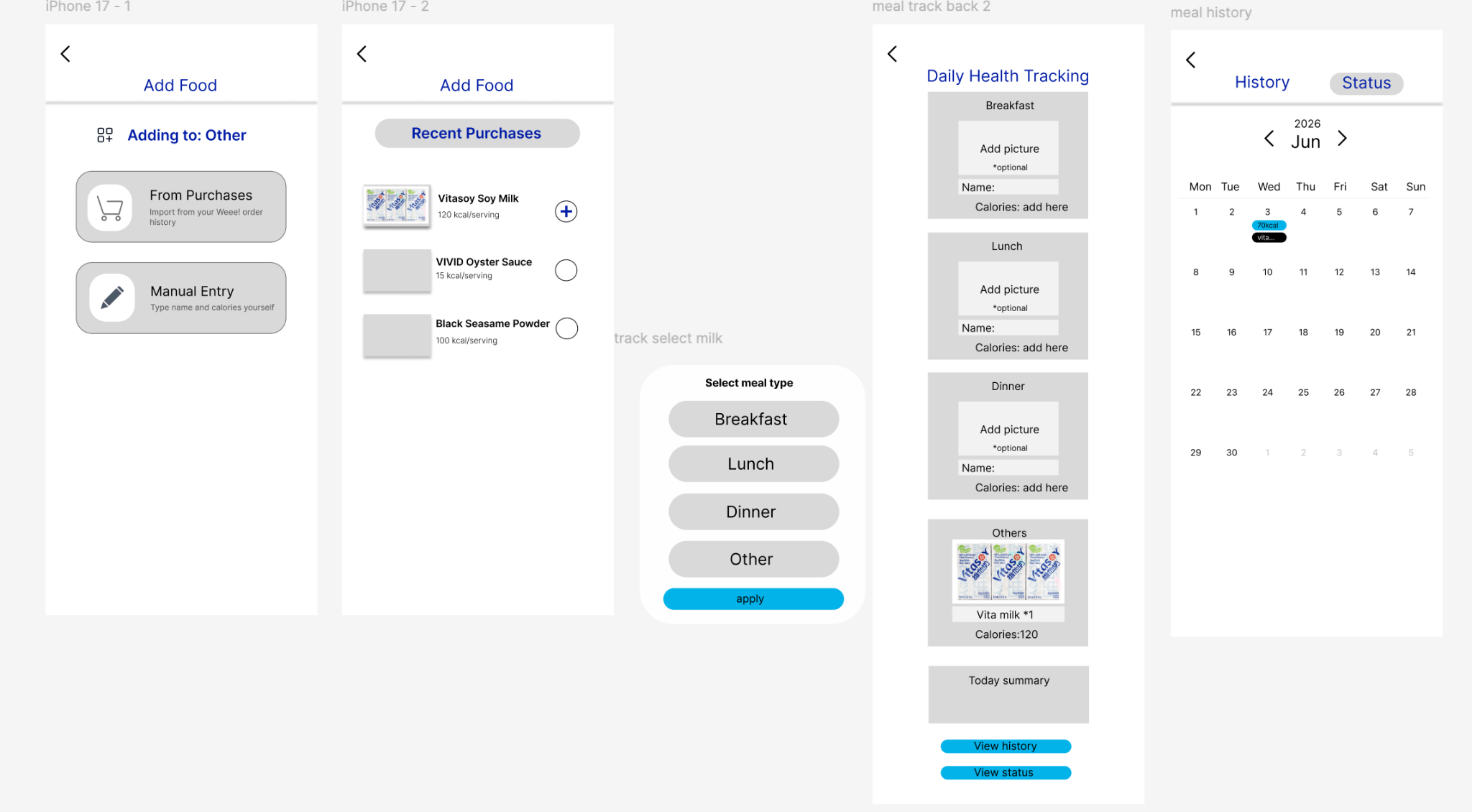 Revised Health Tracking prototype after iteration.